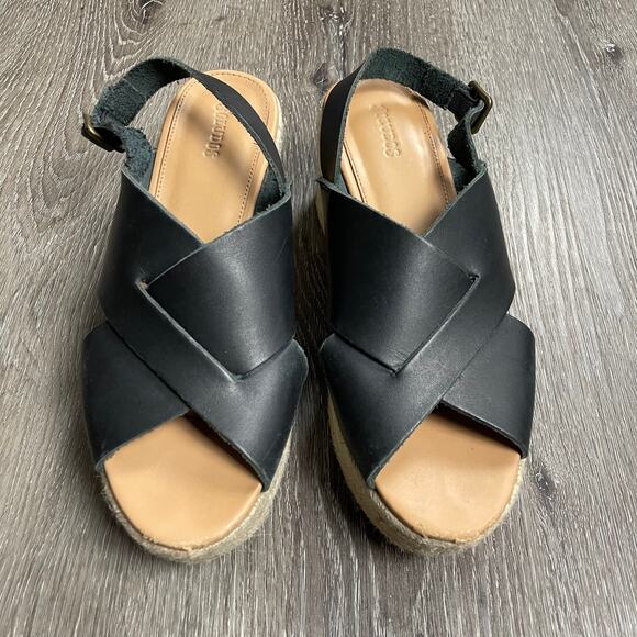 Anthropologie Soludos Amalfi Platform Espadrille Leather Sandal Heels Black 8.5 - Picture 1 of 12